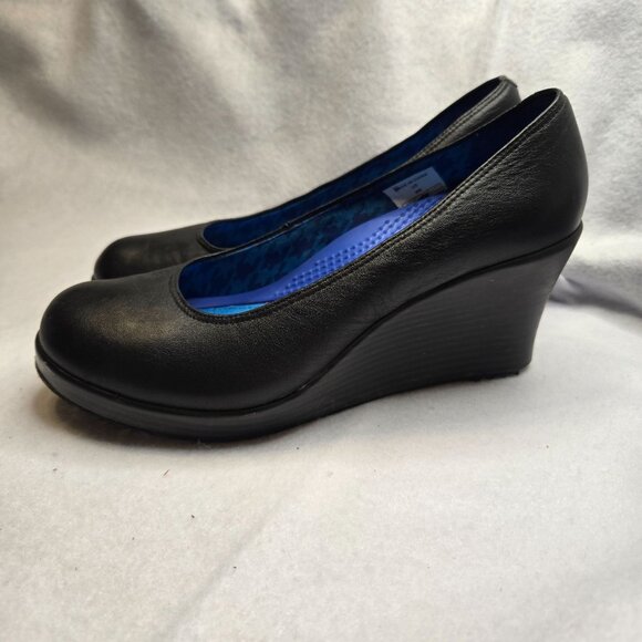 Crocs A-Leigh Black Leather Wedge Heel Slip-On Shoes‎ Size W8 - Picture 1 of 8